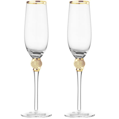 Berkware Set of 6 Champagne Glasses - Luxurious Champagne Flutes with Dazzling Rhinestone Design and Gold tone Rim