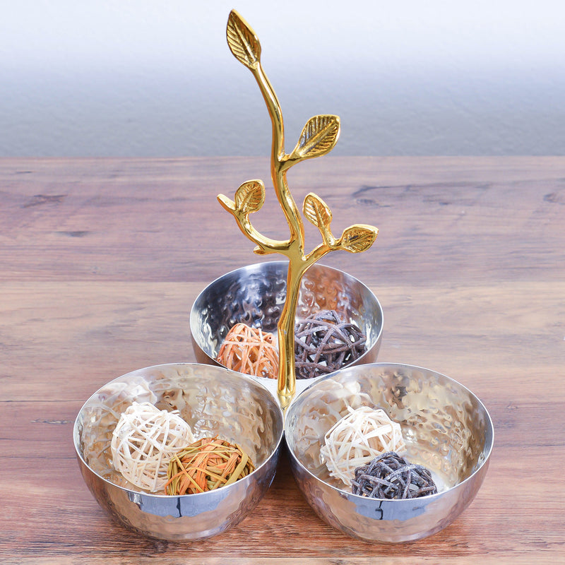 Berkware Shiny Polished Stainless Steel Three Bowl Sectional Serving Bowl with Gold Leaf Handle  Diameter Nut Platter, Fruit Bowl, Candy Dish and Centerpiece Bowl (3 Sections)
