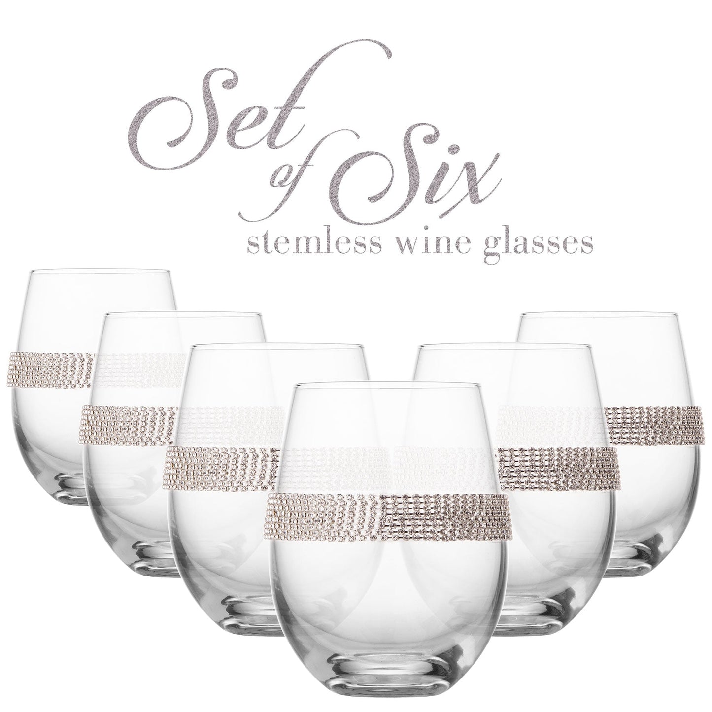 Berkware Stemless Wine Glasses with Silver Rhinestone Design, Set of 6