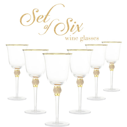 Berkware Set of 6 Gold tone Wine Glasses - Luxurious Rose and White Wine Glass with Dazzling Rhinestone Design and Gold tone Rim