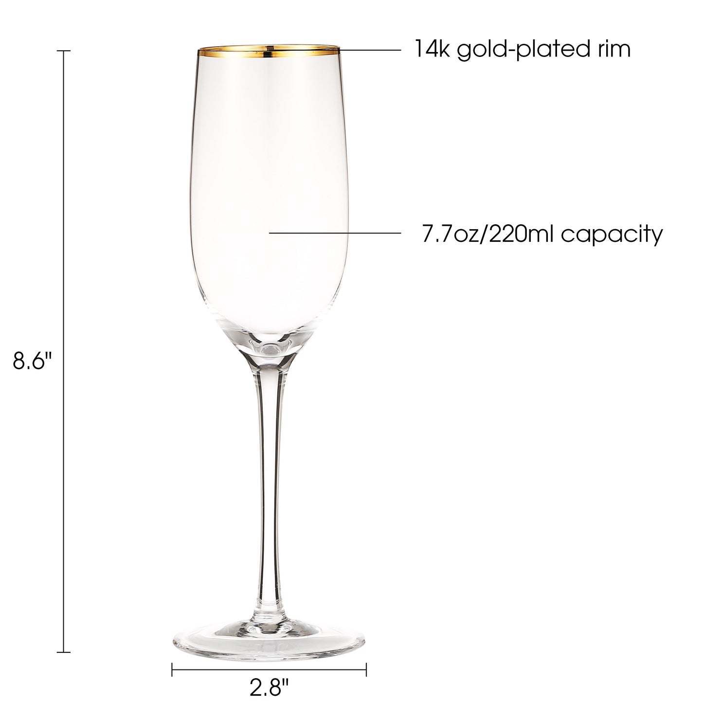 Berkware Crystal Champagne Flutes with Gold tone Rim -  Set of 6