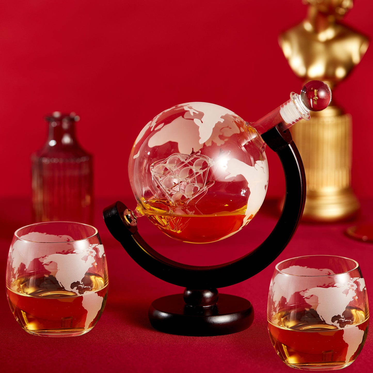 Berkware Globe Etched Whiskey Decanter With Interior Hand-Crafted Glass Ship and 2 Cups Set with Wood Base