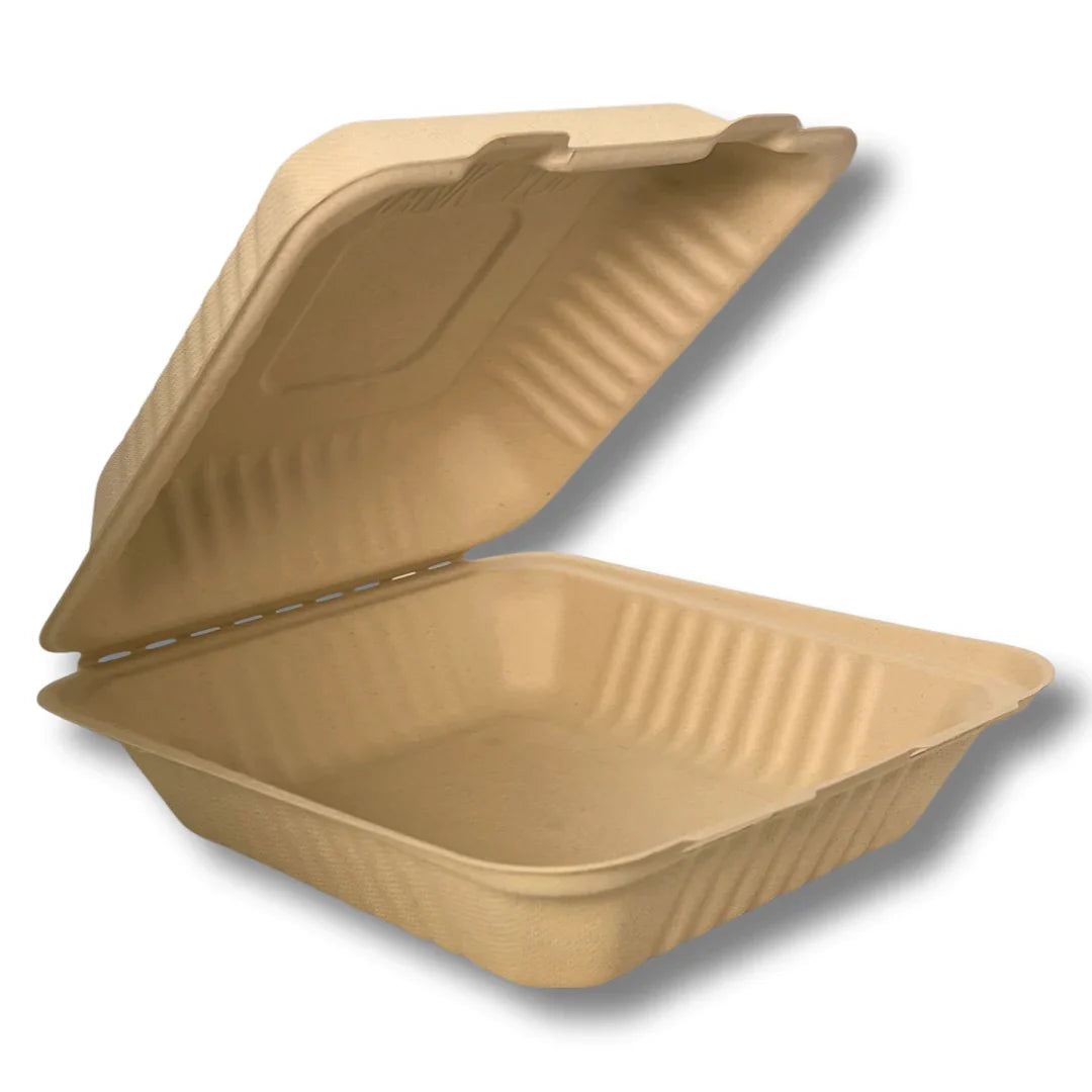 9 X 9 INCH MOLDED FIBER COMPOSTABLE HINGED CONTAINER (NO PFAS-ADDED)