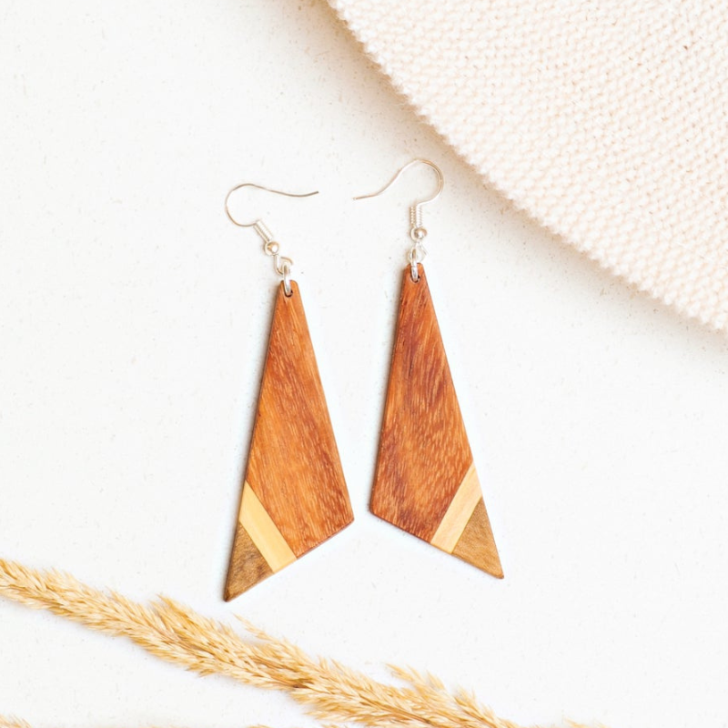 Asymmetric Tri-Tone Wood Triangle Earrings by Upavim Crafts