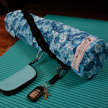 Yoga Mat Bag in Blue Floral Scroll Print by Made for Freedom