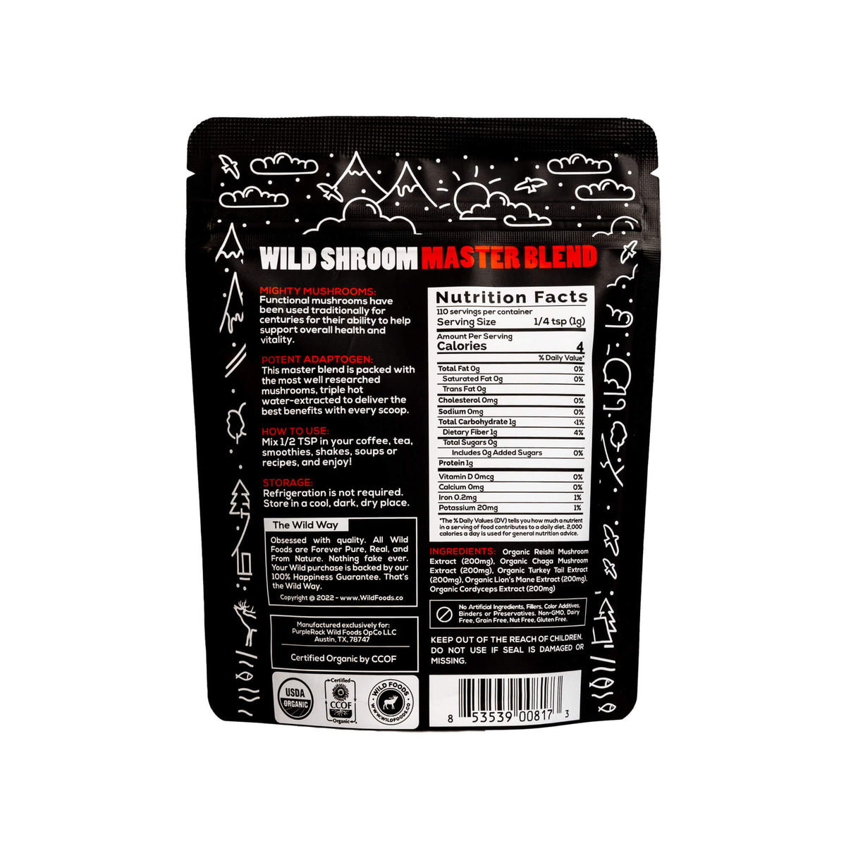 Master Five Mushrooms Blend - Adaptogens + Prebiotic Complex by Wild Foods