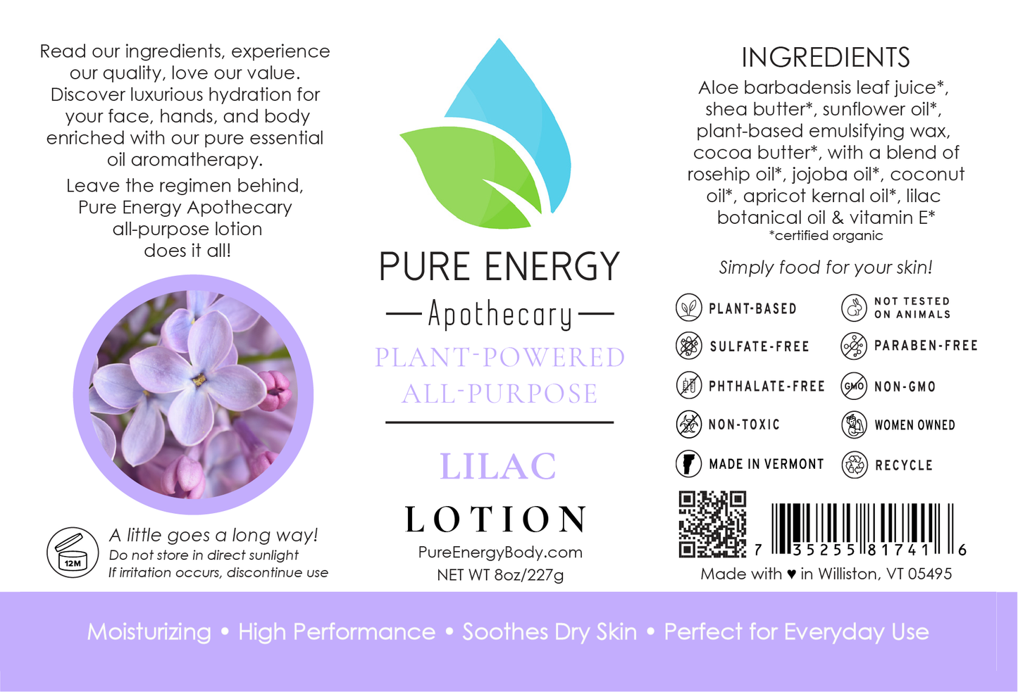 Natural All Purpose Lotion 8 Oz (Lilac) by Pure Energy Apothecary