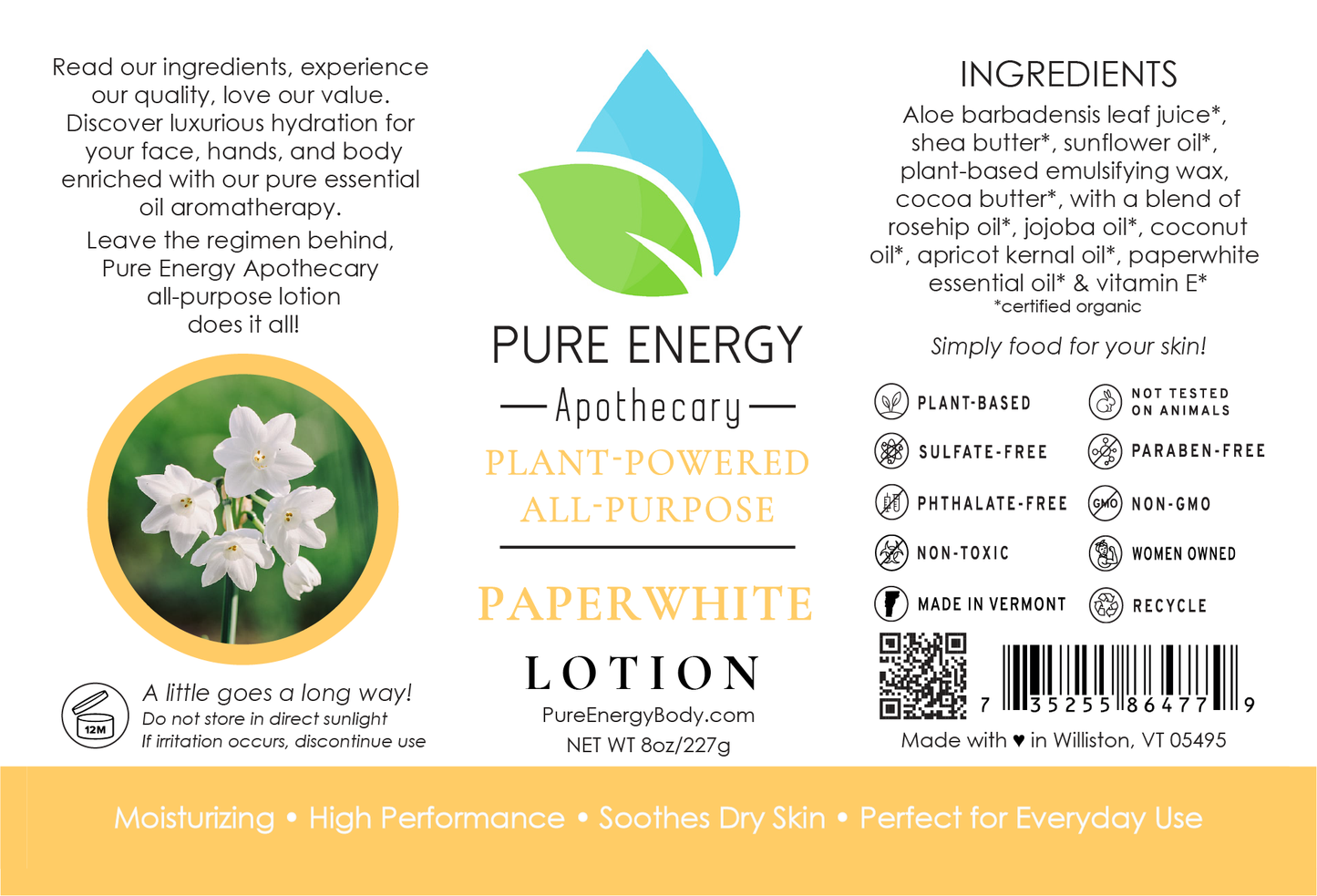 Natural All Purpose Lotion 8 Oz (Paperwhite) by Pure Energy Apothecary