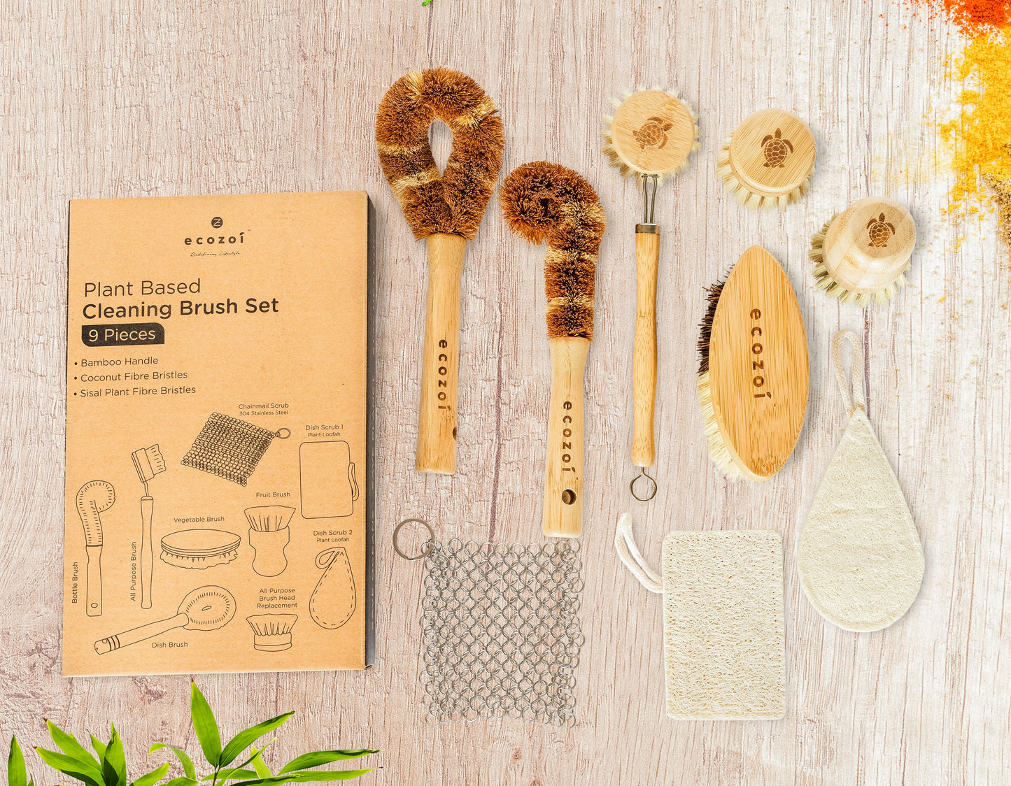 Dish Brush Set, 9 Piece Kitchen Scrub, Zero Waste Brush Set, Plant Based Vegetable Brush Set by ecozoi