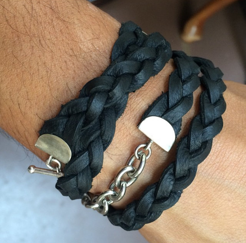 Silver Chain Black Braided Four Wrap Genuine Leather Bracelet by The Urban Charm by The Urban Charm