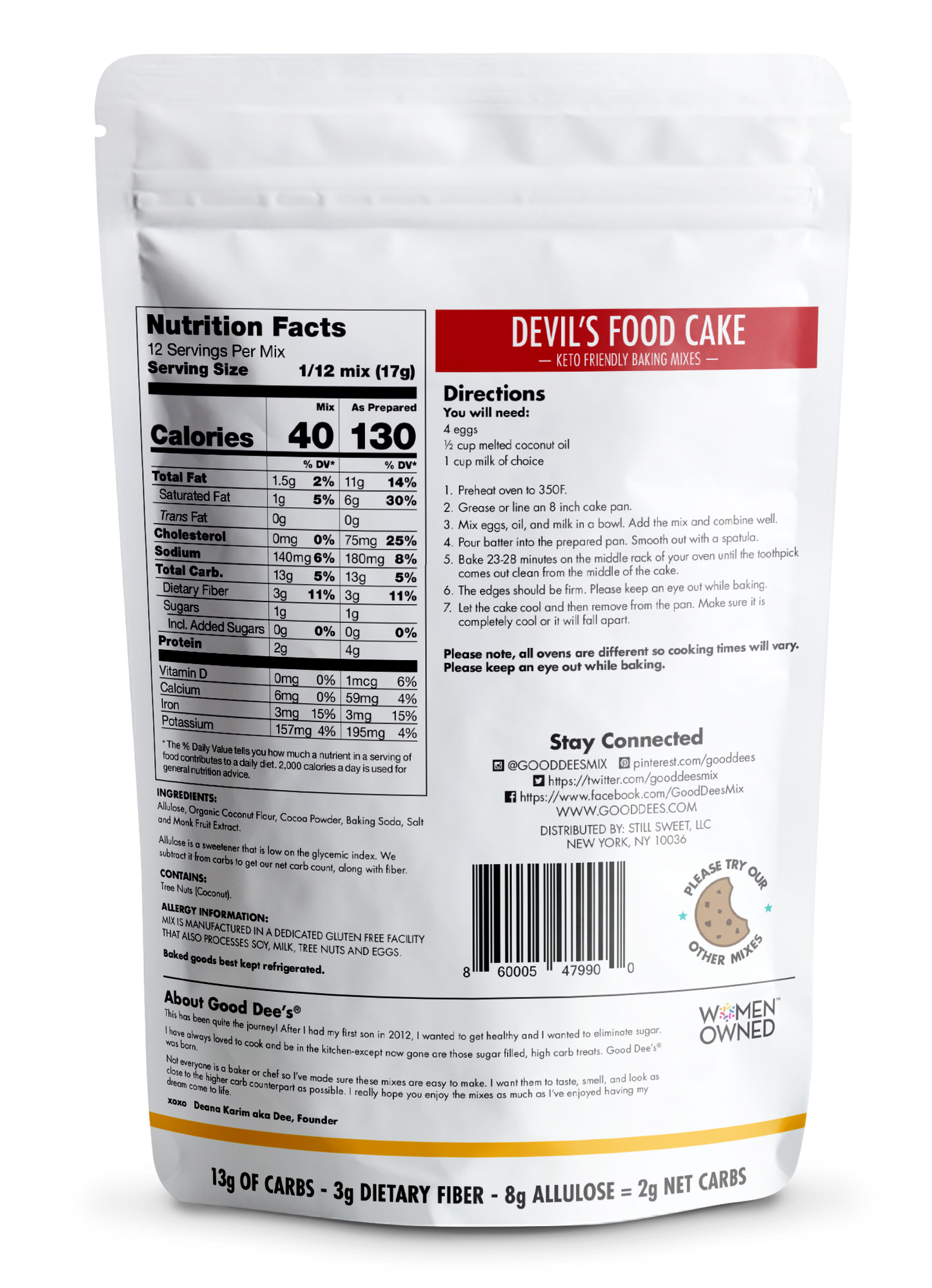 Devil's Food Keto Cake Mix - Gluten Free and No Added Sugar by Good Dee's