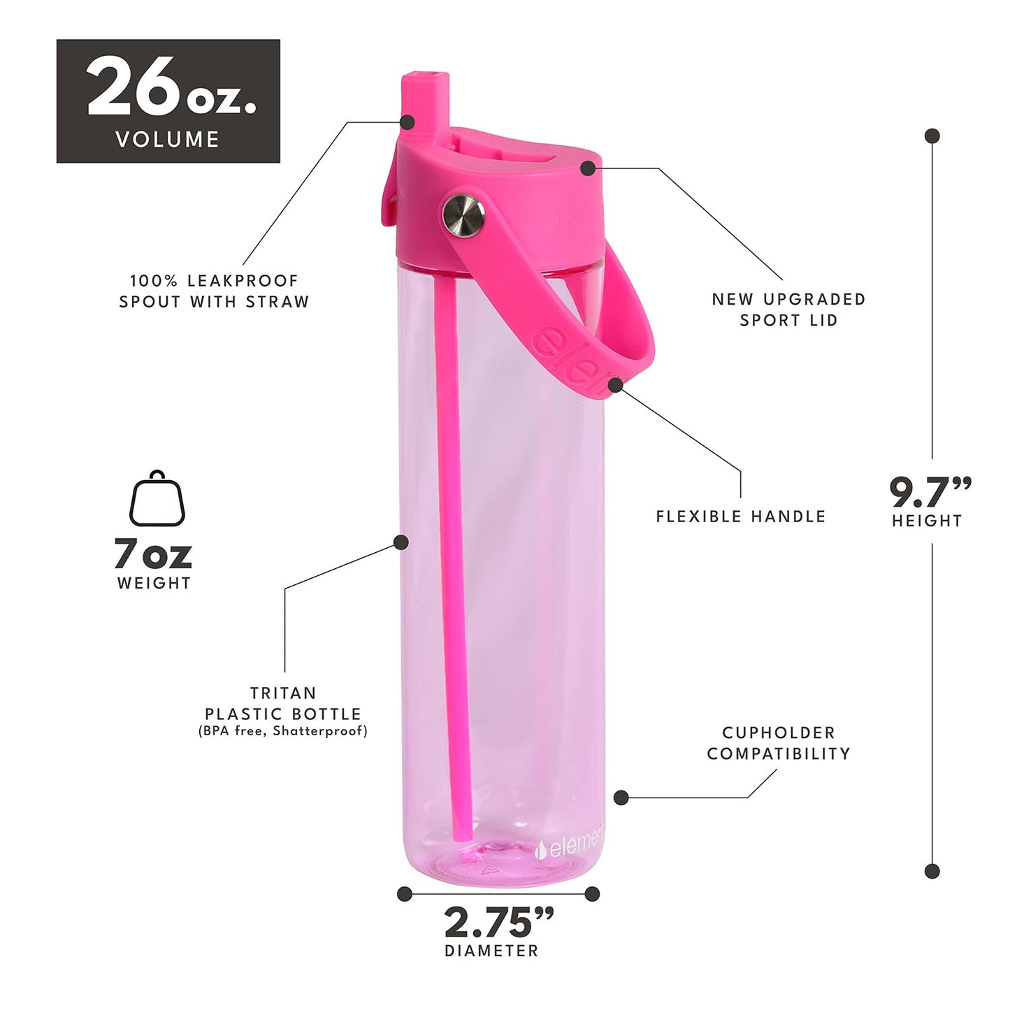 26 oz Tritan Plastic Water Bottle - Hot Pink