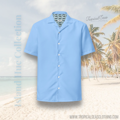 Stylish Solid Island Sky Blue Camp Shirt - Recycled Polyester, Pulls 2 Pounds of Ocean Plastic, Ideal for Men, Travelers, Beach Lovers