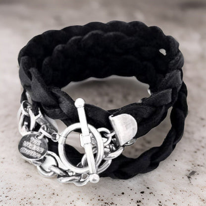 Silver Chain Black Braided Four Wrap Genuine Leather Bracelet by The Urban Charm by The Urban Charm