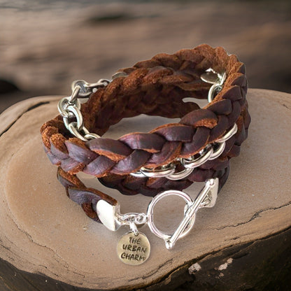 Brown Braided Four Wrap Genuine Leather Bracelet by The Urban Charm