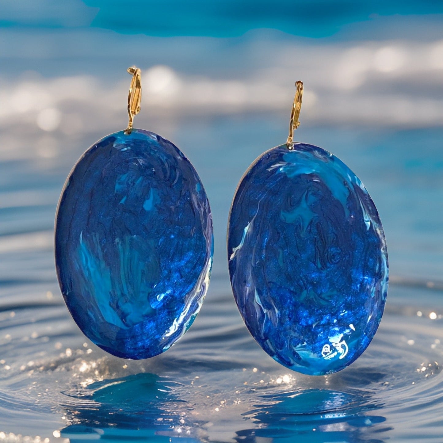 Blue Marble Oval Dome Lures of Love Earrings by The Urban Charm