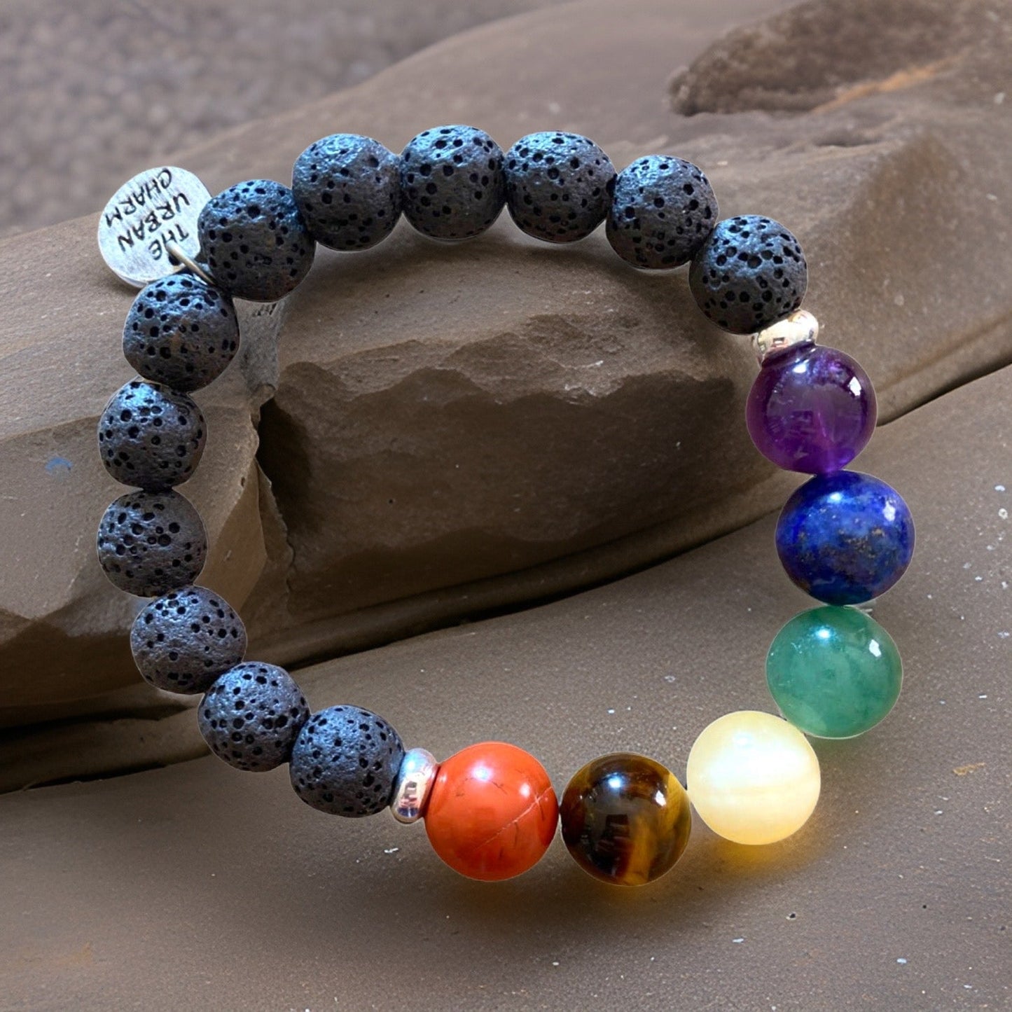 Large Black Lava Rock Chakra Bracelet by The Urban Charm