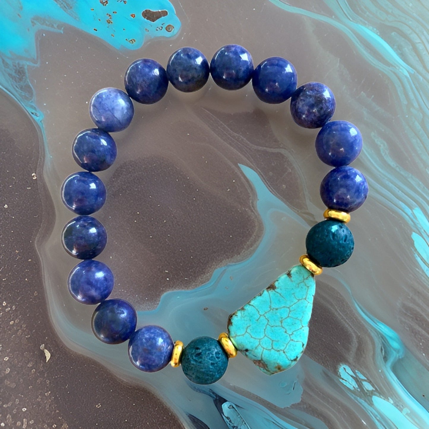 Lapis Lazuli, Lava Rock and Turquoise Stone Bracelet by The Urban Charm