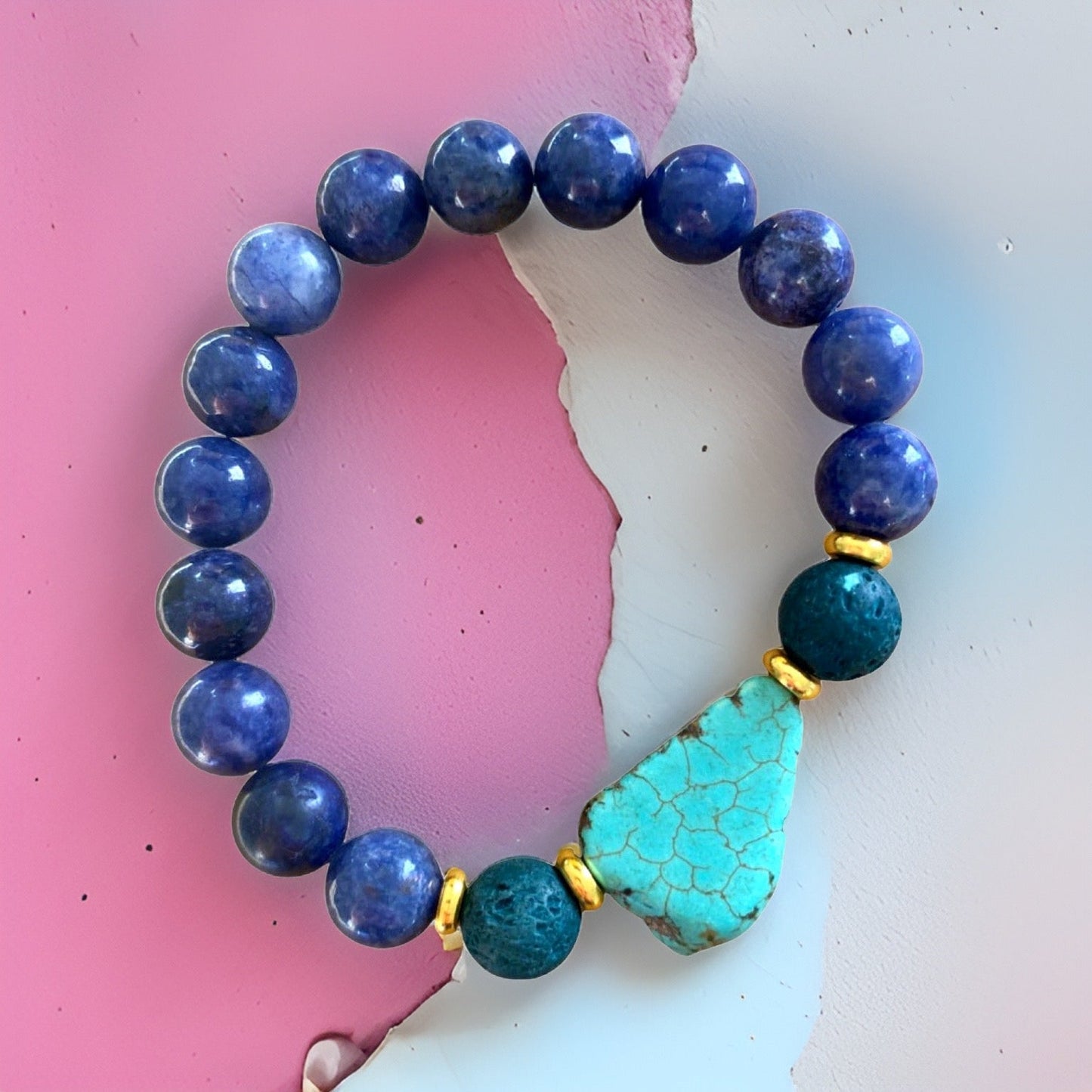 Lapis Lazuli, Lava Rock and Turquoise Stone Bracelet by The Urban Charm