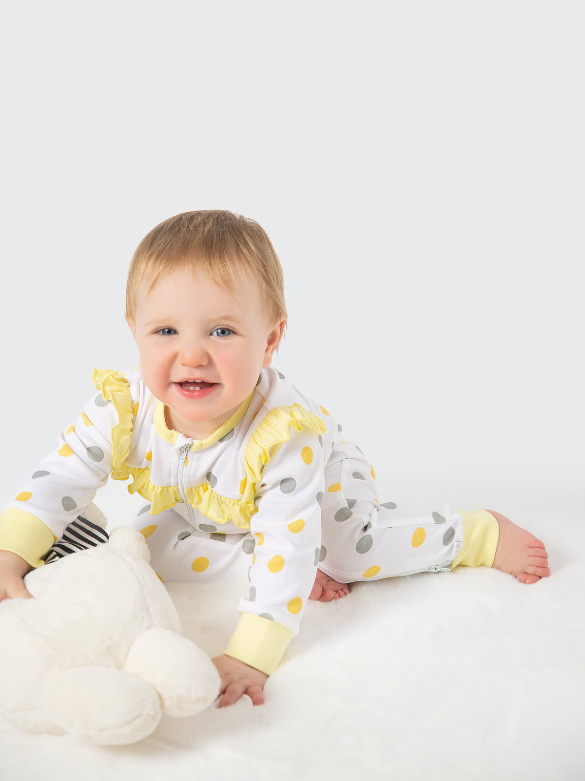 Organic Cotton Ruffled Romper - Yellow & Gray Polka by Little Moy