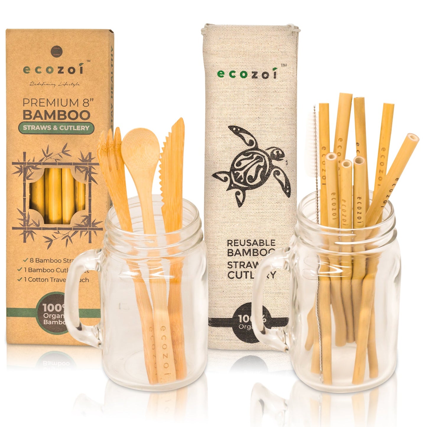 Organic Bamboo Straws and Cutlery Set with Cotton Travel bag by ecozoi