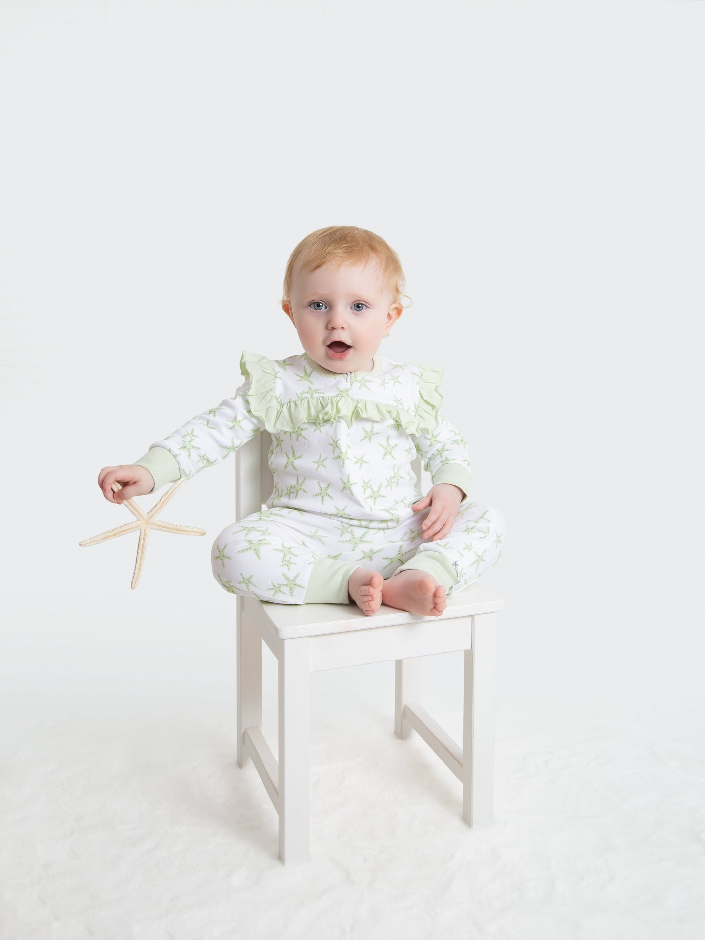 Organic Cotton Ruffled Romper - Green Starfish by Little Moy