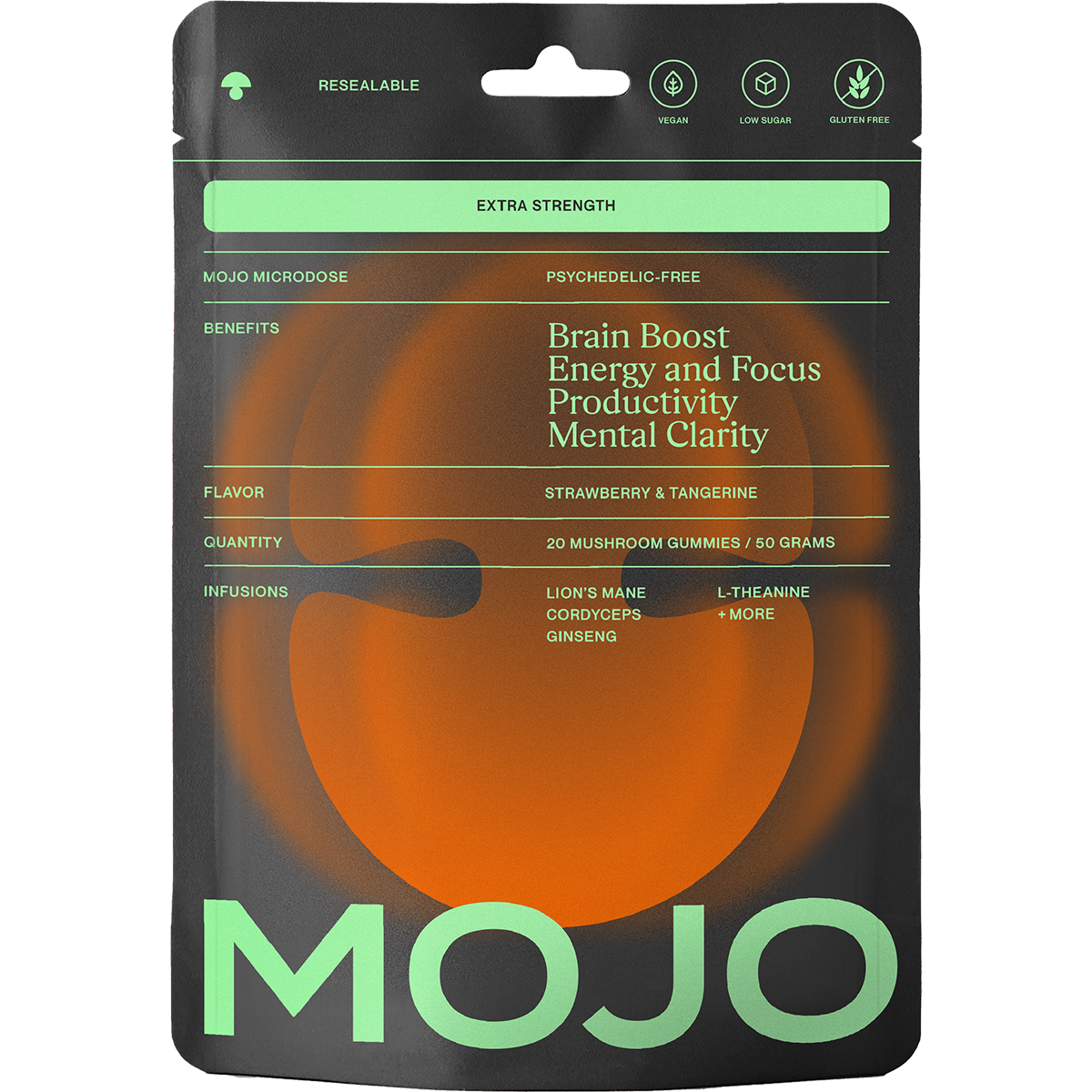Mojo Microdose | Extra Strength Brain Boost Mushroom Gummies, Strawberry Tangerine Mushroom Gummies