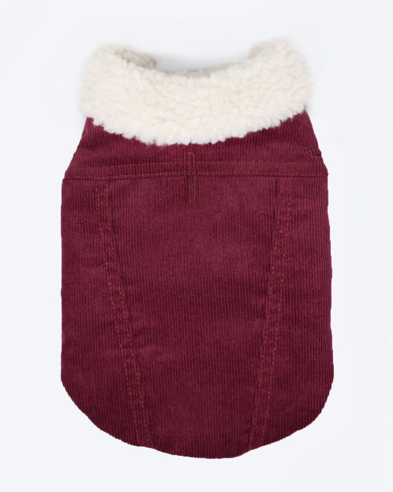 DOG COAT PLAID AND SHERPA. MERLOT RED.