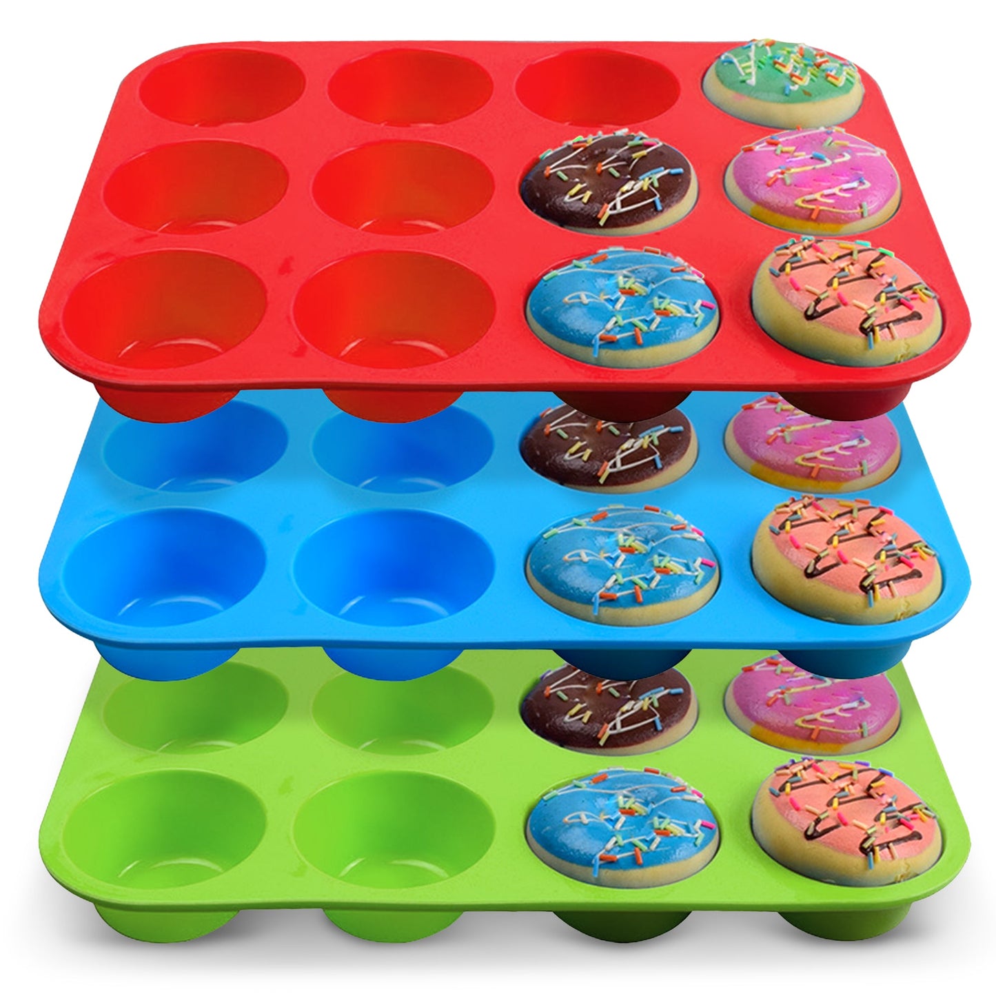 Cheer Collection Set of 3 Non-Stick Silicone Muffin Pans – BPA-Free, Food-Grade Baking Tray