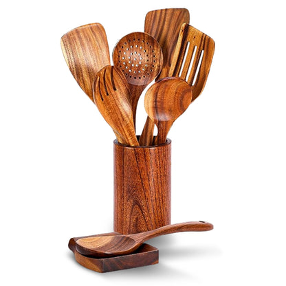 Cheer Collection 9 Piece Deluxe Wooden Utensils Set with Holder and Spoon Rest