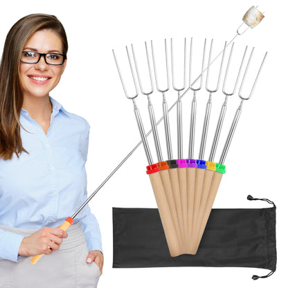 Cheer Collection Marshmallow Roasting Sticks - Set of 8 Extendable Smores Sticks and BBQ Forks