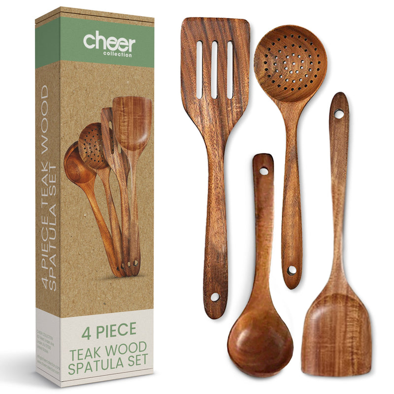 Cheer Collection Premium Teak Wood Spatula Set – Elegant 4-Piece Handcrafted Utensils for Effortless Cooking