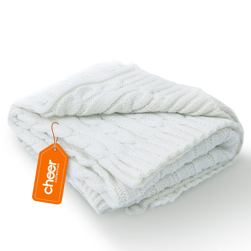 Cheer Collection Knitted Throw Blanket, Soft Cable Knit 100% Acrylic Accent Throw - Ivory, 50" x 60"