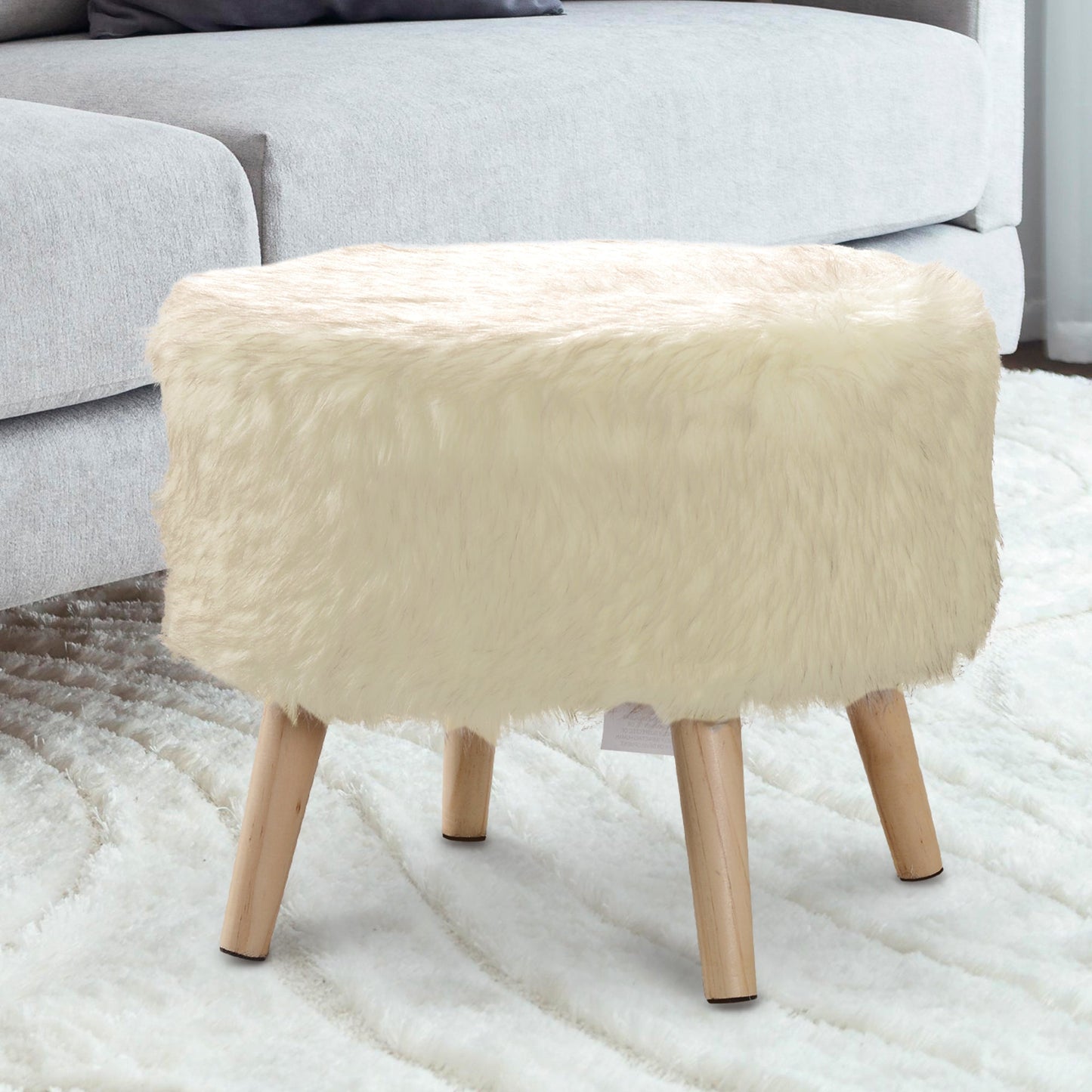 Cheer Collection Faux Fur Wood Leg Stool, White