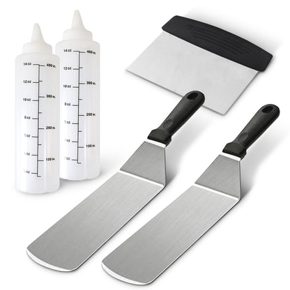 Cheer Collection 5-Piece Stainless Steel Griddle Set – Spatulas, Scraper, and Squeeze Bottles for BBQ, Grill, and Kitchen Cooking