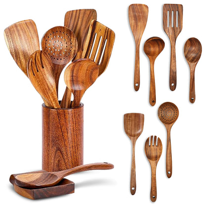 Cheer Collection 9 Piece Deluxe Wooden Utensils Set with Holder and Spoon Rest