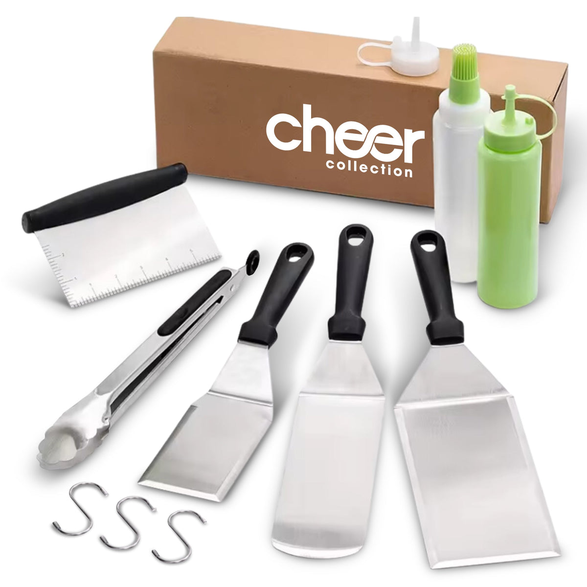 Cheer Collection 7-Piece Griddle Set – Stainless Steel BBQ Grill Tools with Spatulas, Scraper, Bottles, and Locking Tongs