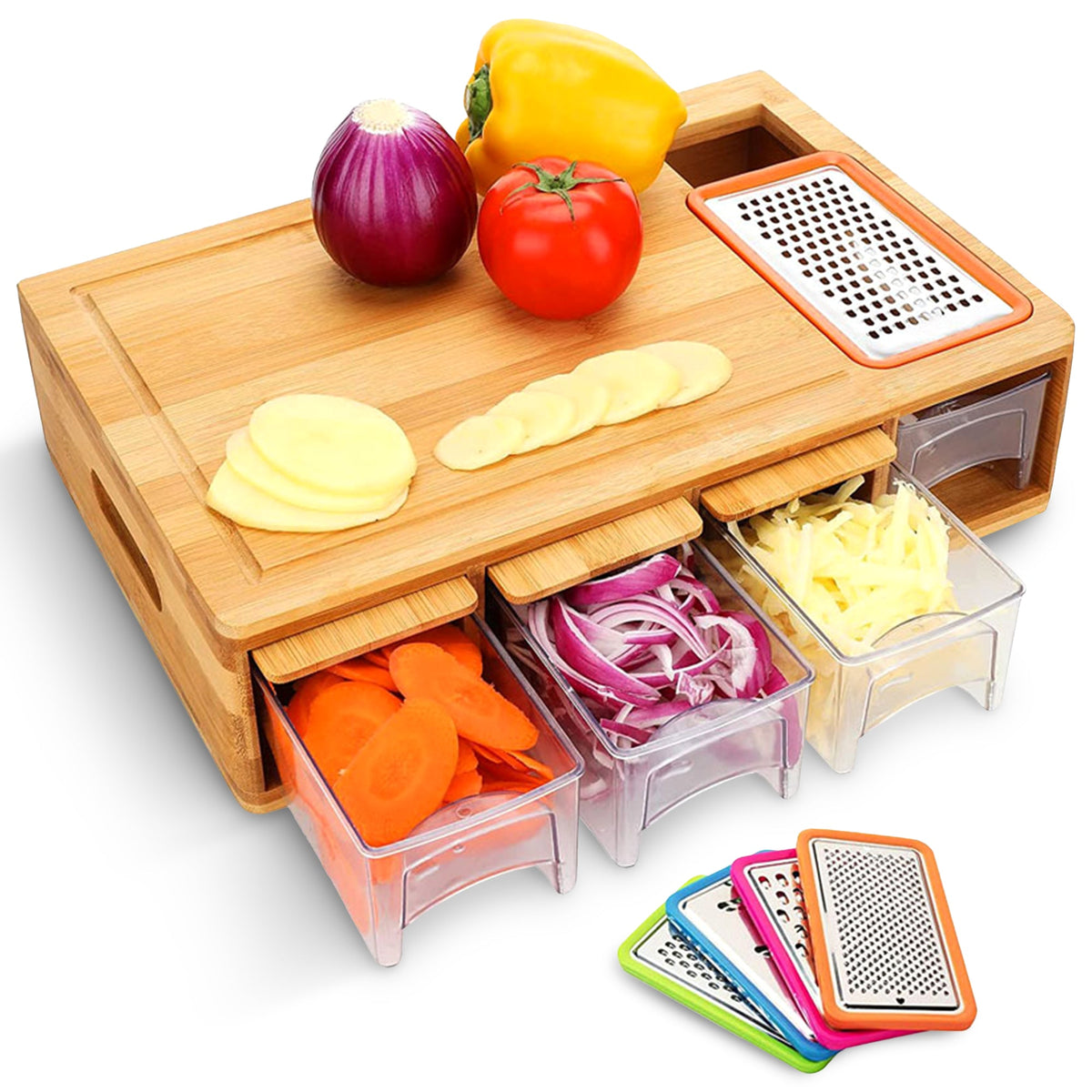 Cheer Collection Bamboo Cutting Board with Integrated Graters and 4 Storage Trays with Lids