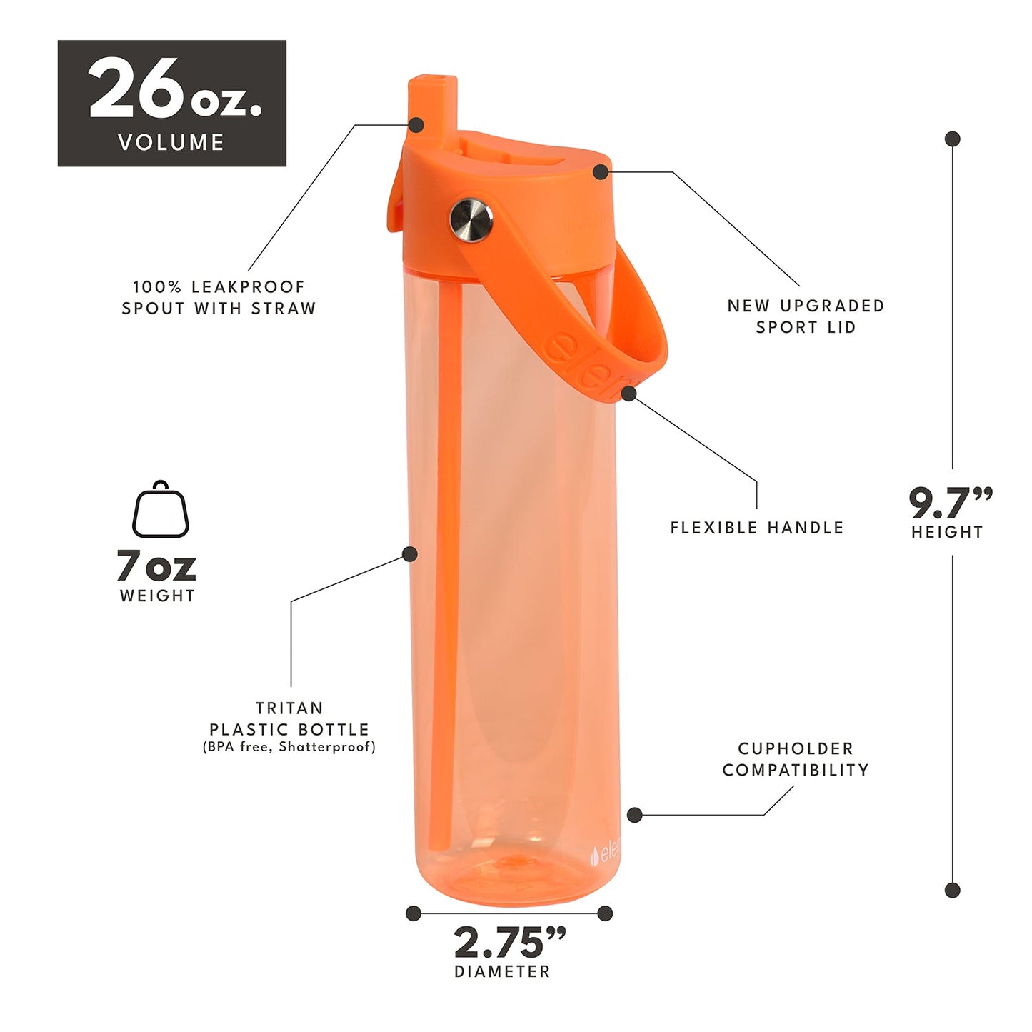 26 oz Tritan Plastic Water Bottle - Orange