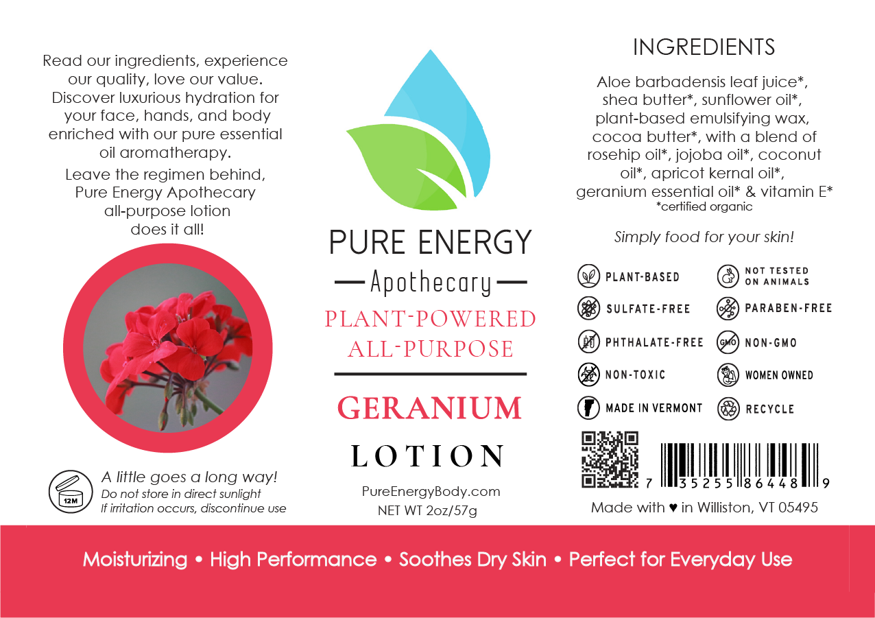 Natural All Purpose Lotion 8 Oz (Geranium) by Pure Energy Apothecary