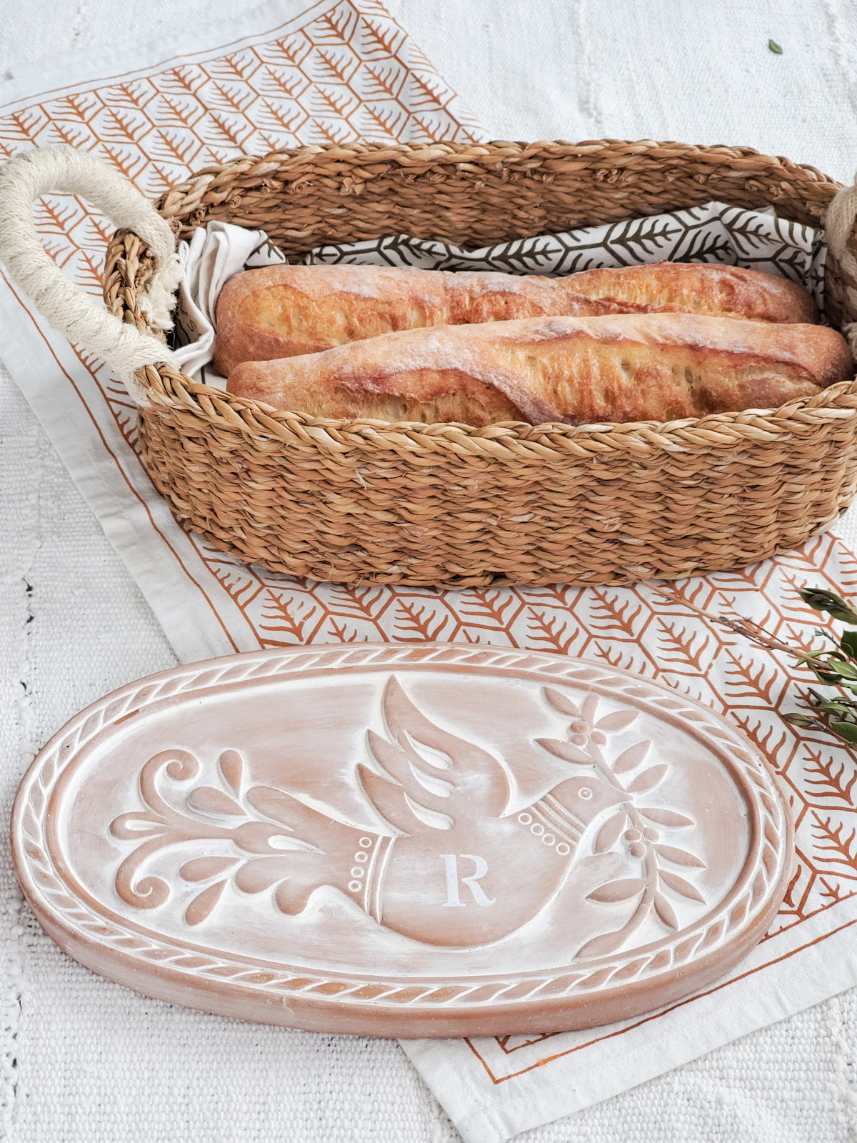 Monogrammed Bread Warmer & Basket Gift Set with Tea Towel - Bird Oval