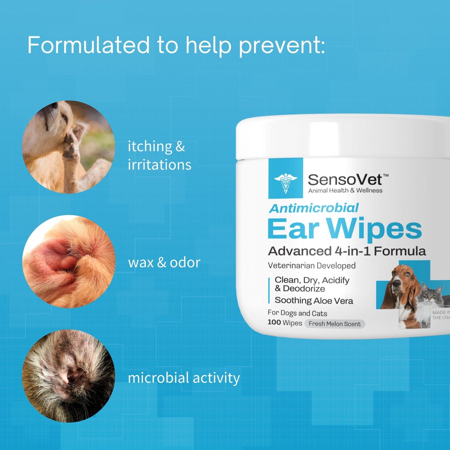 Antimicrobial Ear Wipes for Dogs & Cats - 100 Wipes