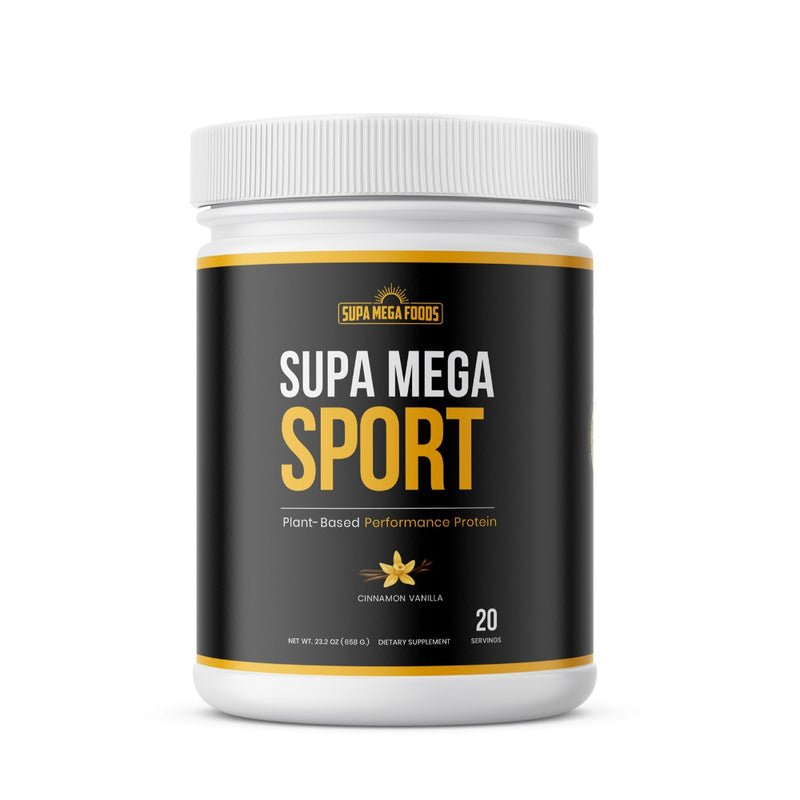 A container of Supa Mega Sport plant-based protein powder with a white and black label, indicating 20 servings and a 'Premium Quality' tagline.