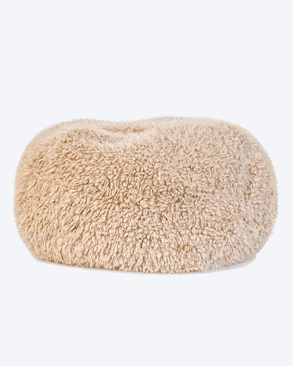 A dog bed is in tan soft material, available in small and large sizes and made out of recycled materials.