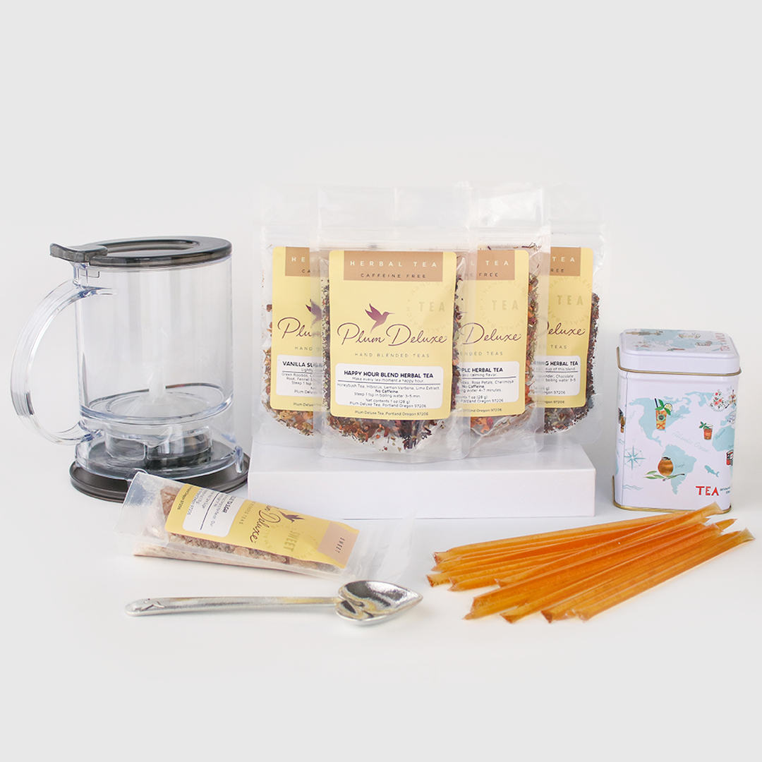 Ultimate Hot Tea Bundle (Tea, Sweets, Scoop, Tin, and Tea Maker) by Plum Deluxe Tea