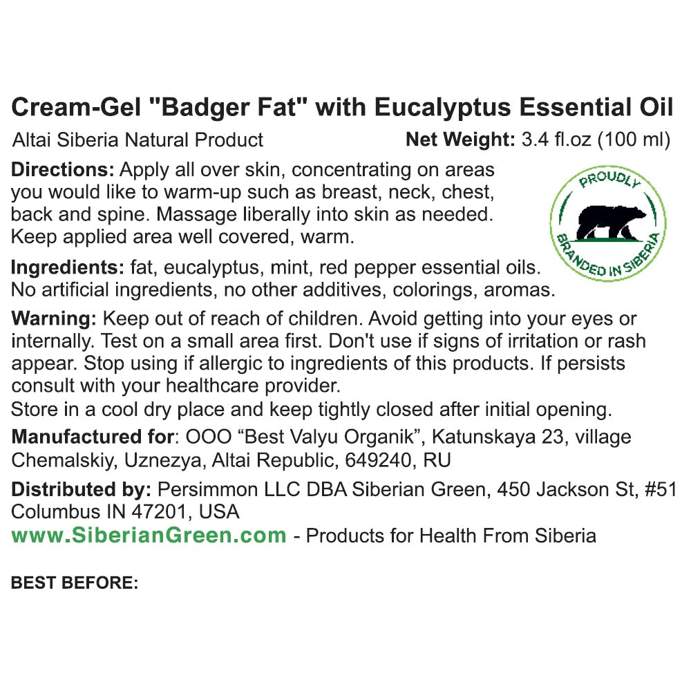 Cream-Gel “Badger Fat” Siberian Warming with Eucalyptus, Mint Essential Oils, Red Pepper 100ml