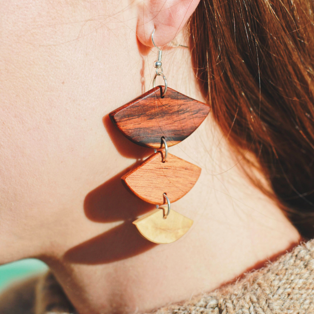 Golden Wood Geometric Earrings by Upavim Crafts