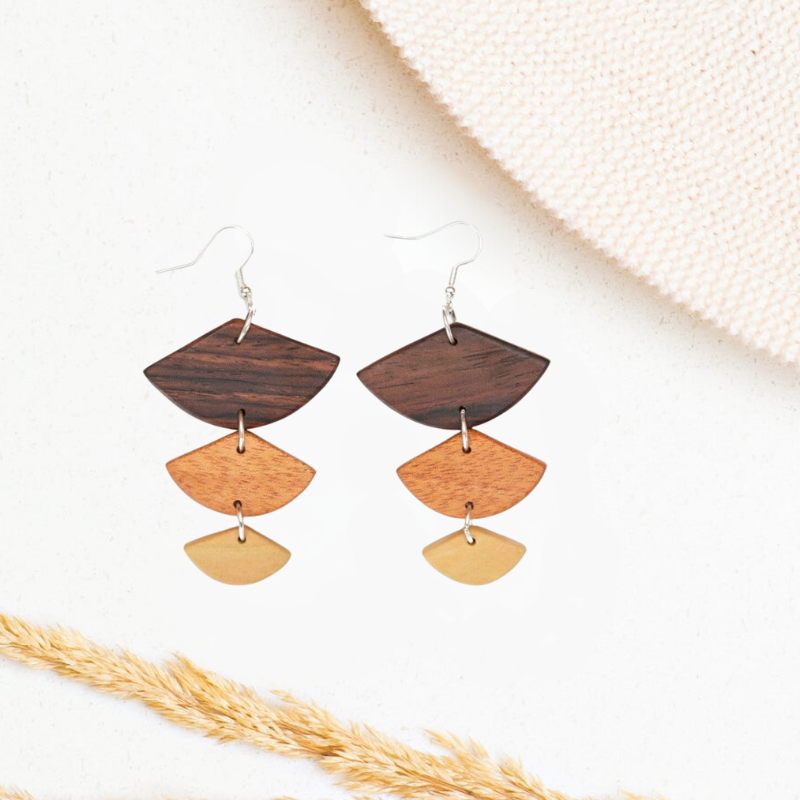 Golden Wood Geometric Earrings by Upavim Crafts