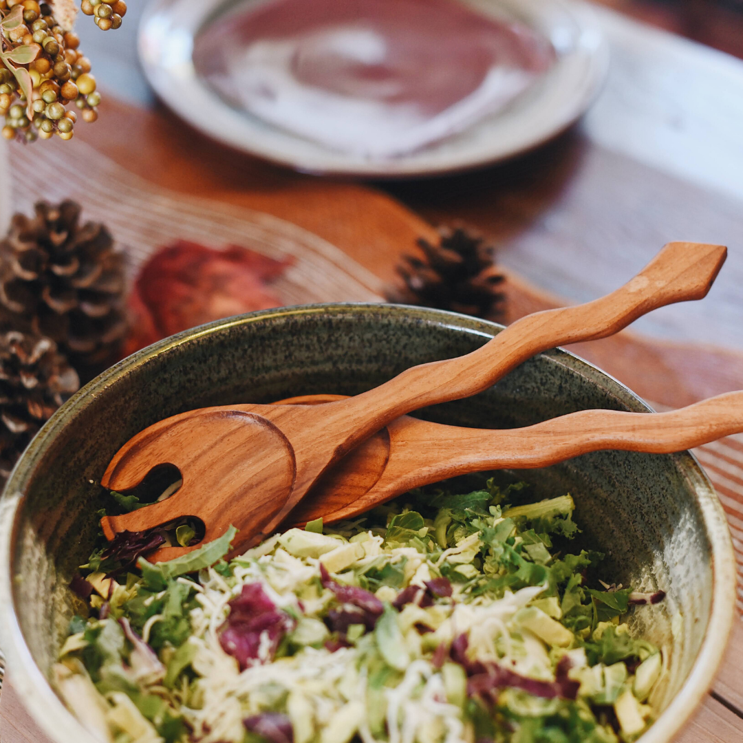 Hand Carved Wood Salad Serving Set by Upavim Crafts