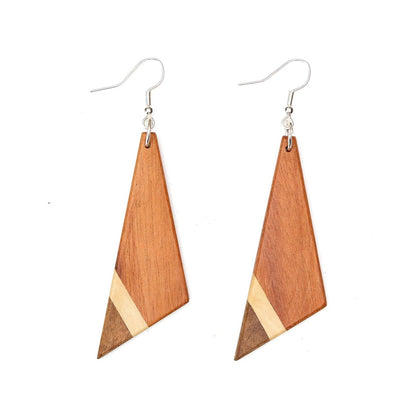 Asymmetric Tri-Tone Wood Triangle Earrings by Upavim Crafts